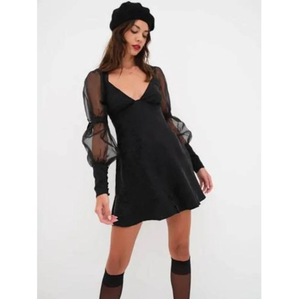 For Love & Lemons Gabrielle Puff Sleeve Mini Dress Black XS Whimsigoth Romantic